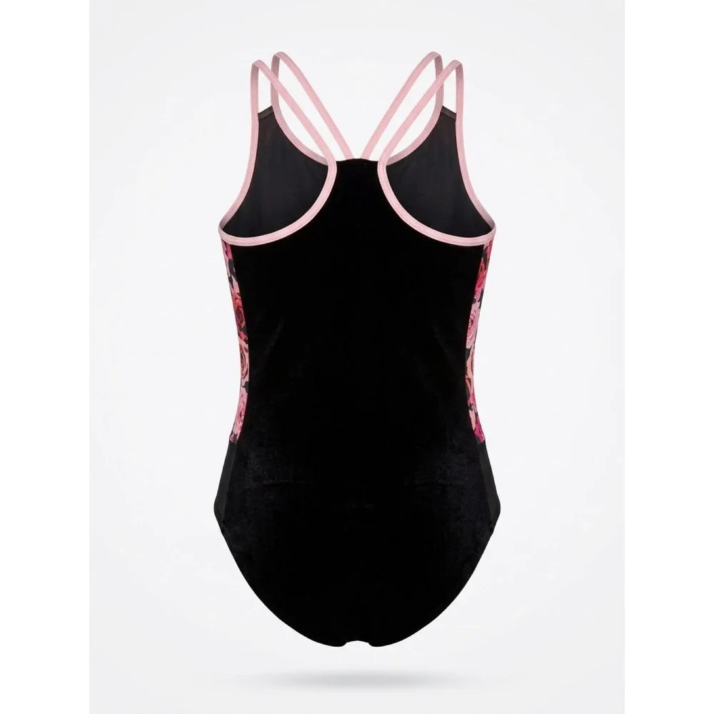 Justice Active Girls Black Velvet Floral Glitter Gymnastics Leotard Size 14